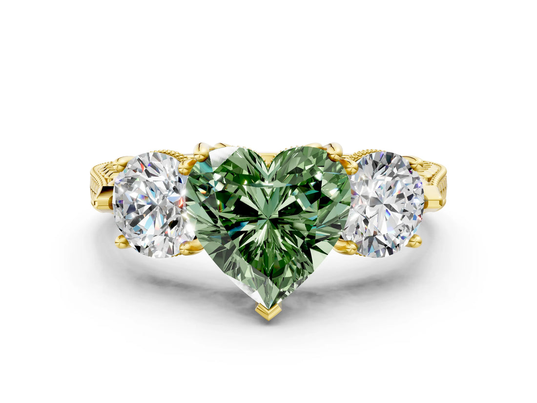 Yellow gold Three-Stone Fancy Green Heart Cut Cut Milgrain Band Prong Setting Ring_6