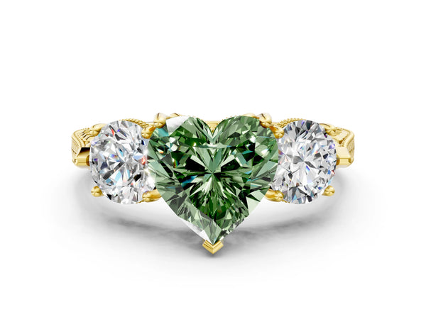 Yellow Gold Heart-Shaped Vintage Three Stone Engagement Ring Setting for Fancy Green Center