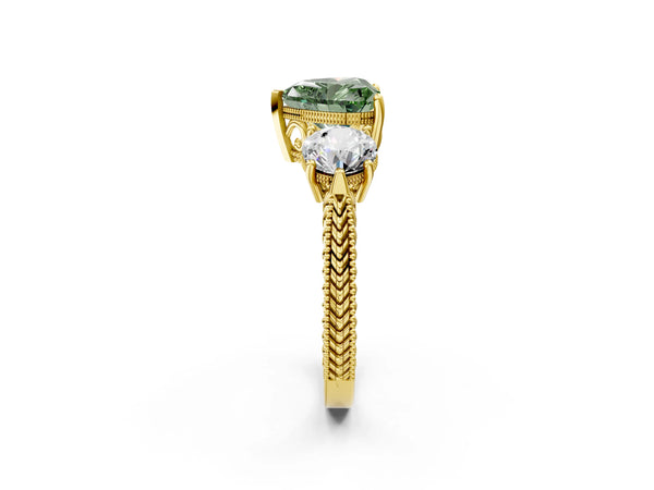 Yellow Gold Heart-Shaped Vintage Three Stone Engagement Ring Setting for Fancy Green Center