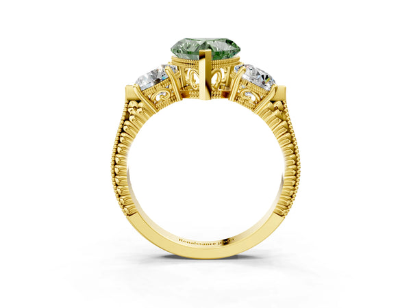 Yellow Gold Heart-Shaped Vintage Three Stone Engagement Ring Setting for Fancy Green Center