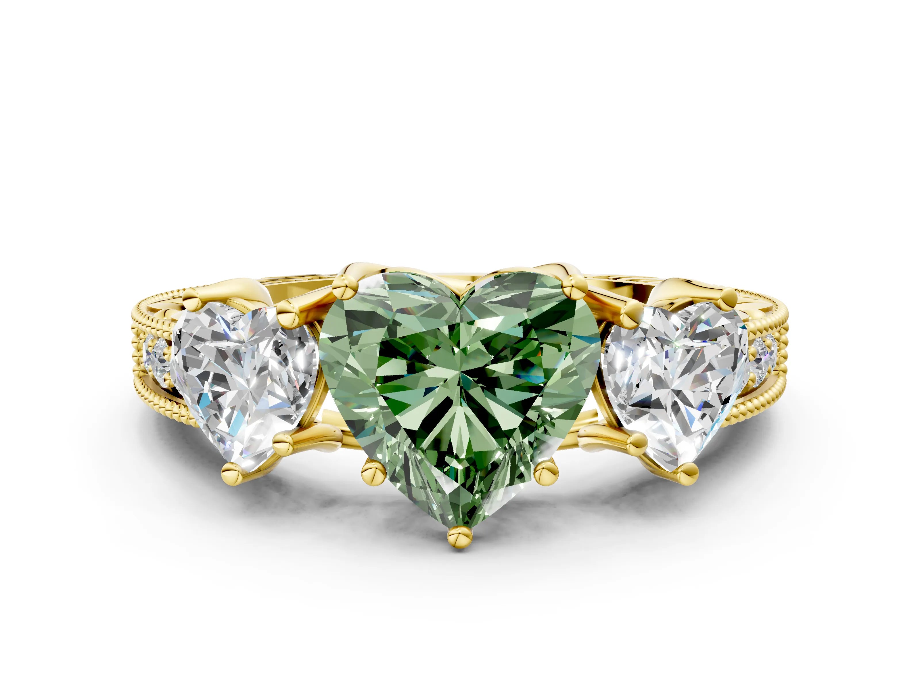 Yellow gold Three-Stone Fancy Green Heart Cut Cut Milgrain Pavé Engagement Ring
