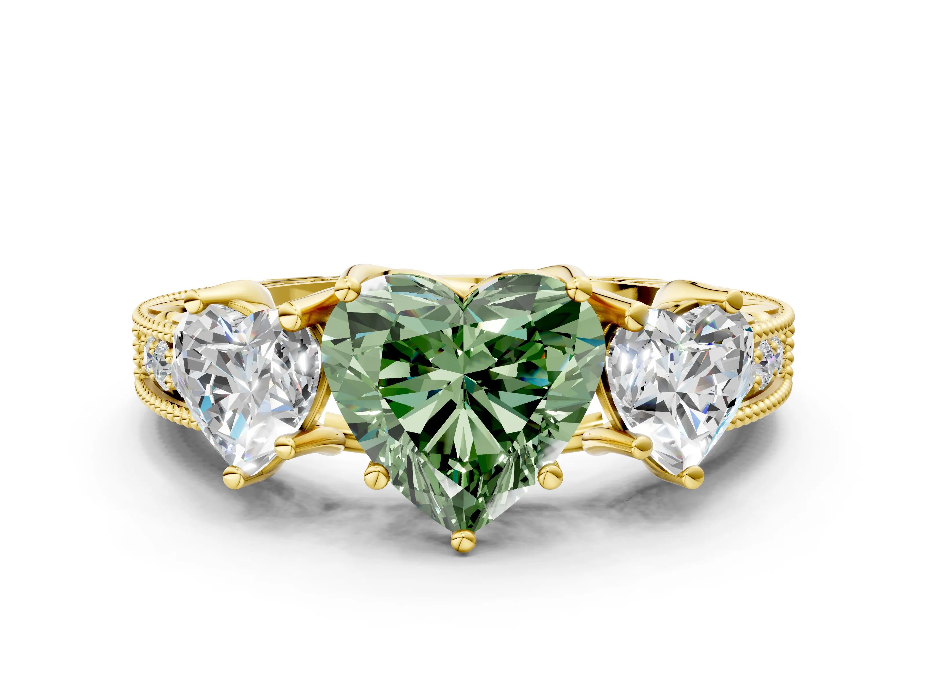 Yellow gold Three-Stone Fancy Green Heart Cut Cut Milgrain Pavé Engagement Ring_12