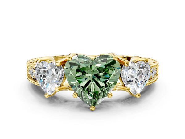 Yellow Gold Heart-Shaped Engraved Three Stone Engagement Ring Setting for Fancy Green Center