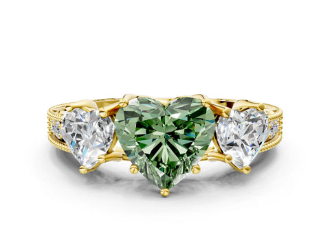 Yellow gold Three-Stone Fancy Green Heart Cut Cut Milgrain Pavé Engagement Ring_12