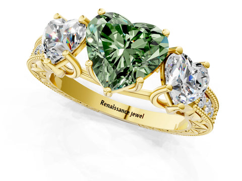 Yellow gold Three-Stone Fancy Green Heart Cut Cut Milgrain Pavé Engagement Ring_13
