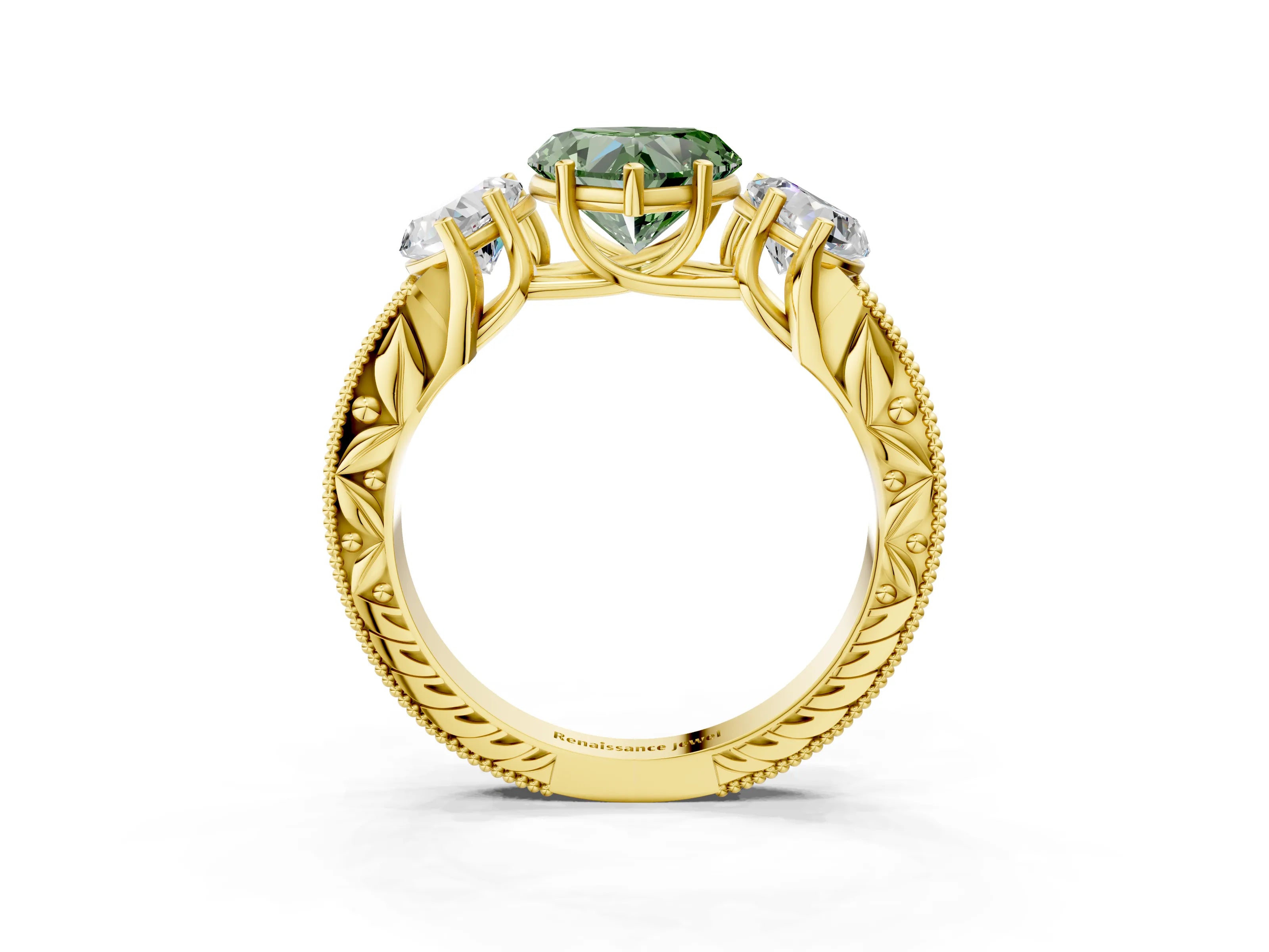 Yellow gold Three-Stone Fancy Green Heart Cut Cut Milgrain Pavé Engagement Ring_15