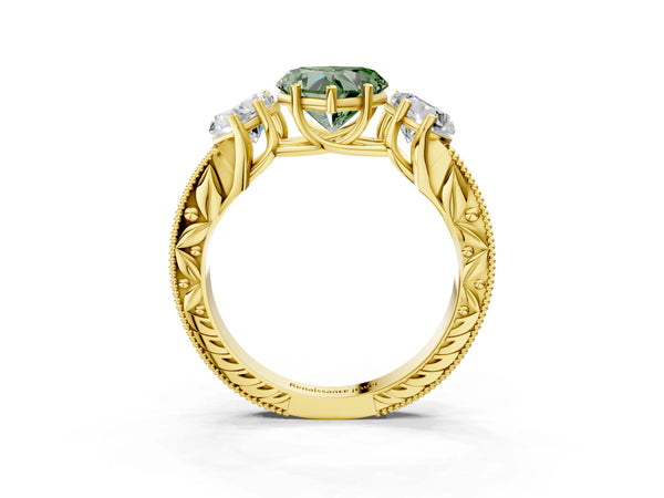 Yellow Gold Heart-Shaped Engraved Three Stone Engagement Ring Setting for Fancy Green Center