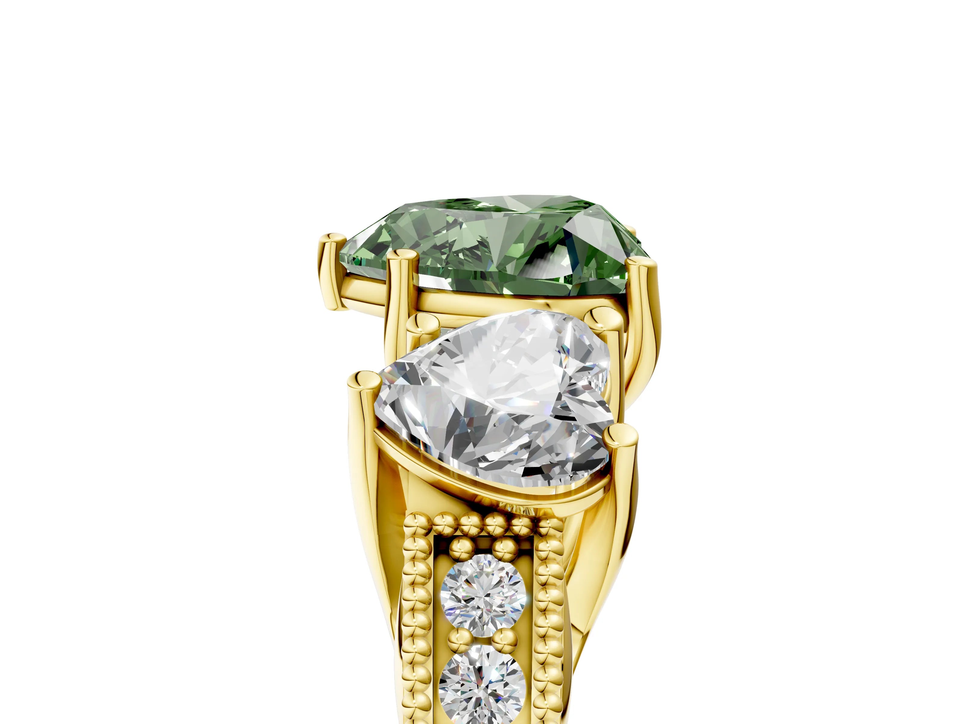 Yellow gold Three-Stone Fancy Green Heart Cut Cut Milgrain Pavé Engagement Ring_17