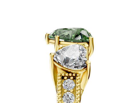Yellow gold Three-Stone Fancy Green Heart Cut Cut Milgrain Pavé Engagement Ring_17