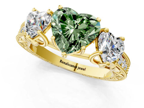 Yellow gold Three-Stone Fancy Green Heart Cut Cut Milgrain Pavé Engagement Ring_1