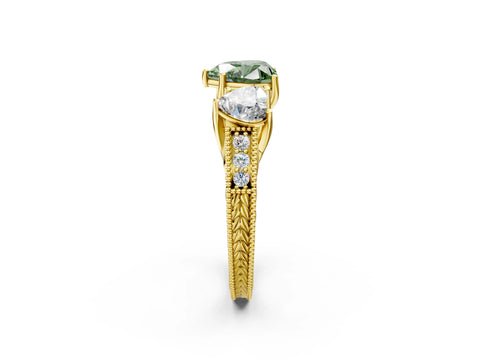 Yellow gold Three-Stone Fancy Green Heart Cut Cut Milgrain Pavé Engagement Ring_2