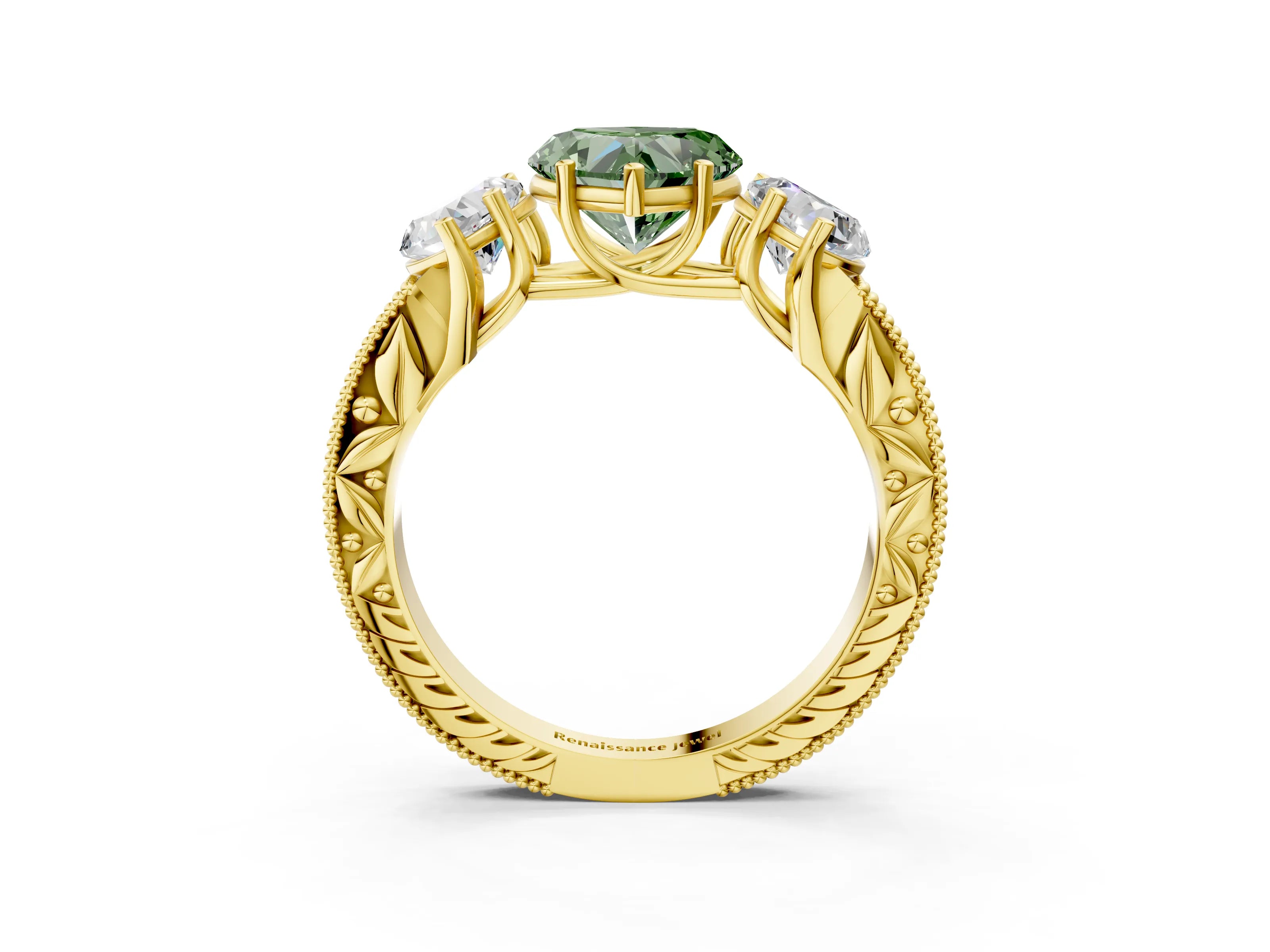 Yellow gold Three-Stone Fancy Green Heart Cut Cut Milgrain Pavé Engagement Ring_3