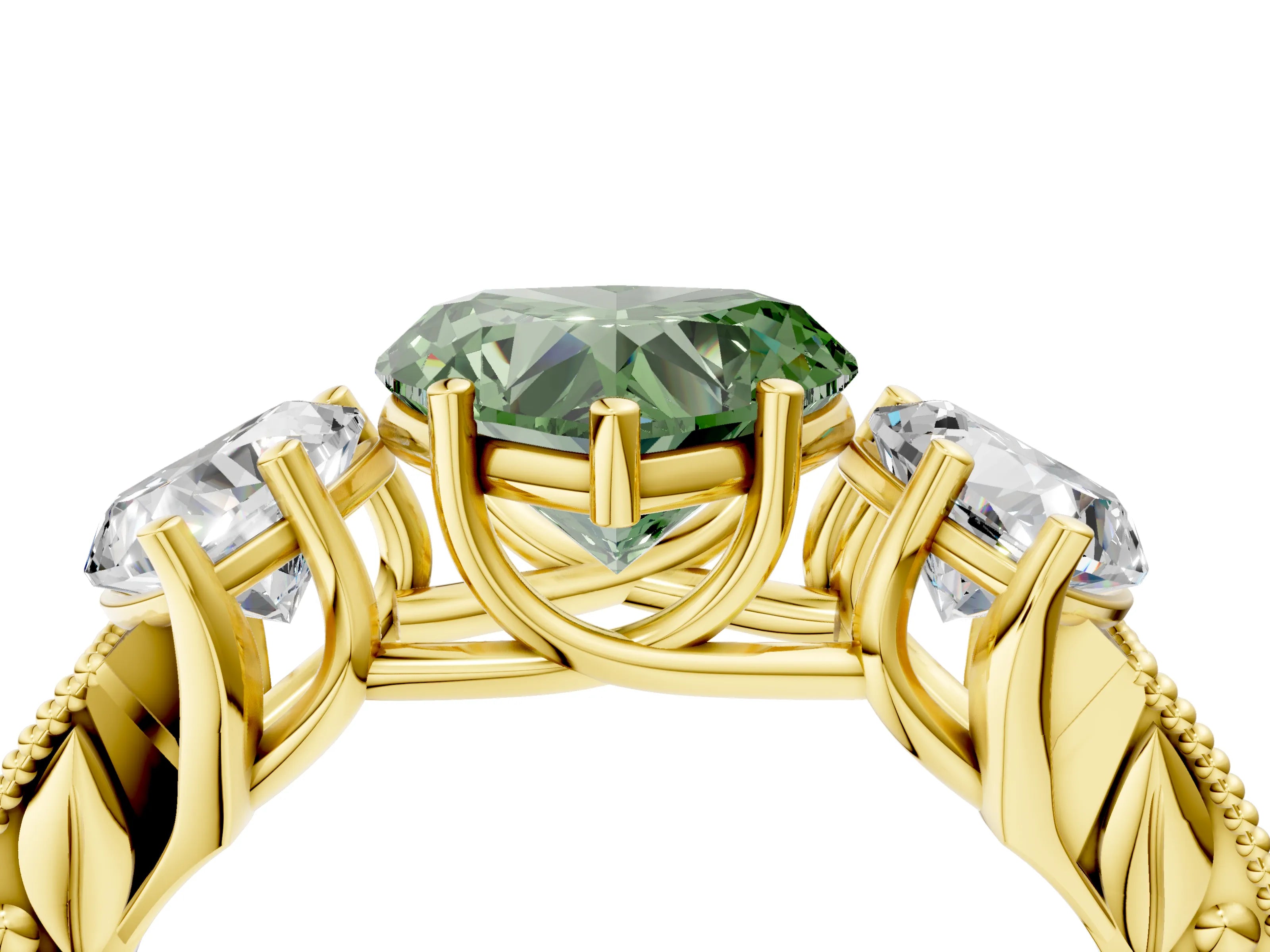 Yellow gold Three-Stone Fancy Green Heart Cut Cut Milgrain Pavé Engagement Ring_4