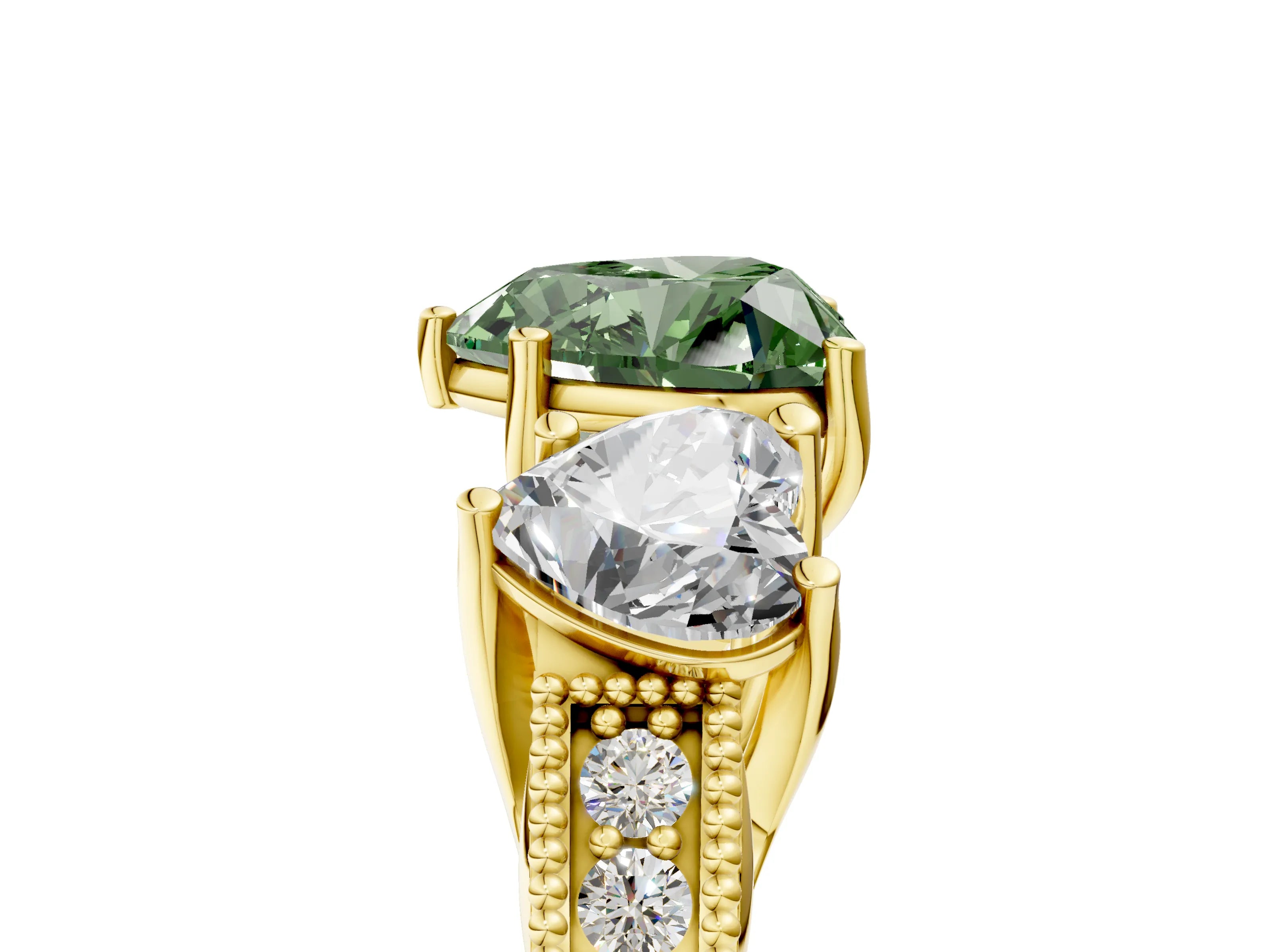 Yellow gold Three-Stone Fancy Green Heart Cut Cut Milgrain Pavé Engagement Ring_5