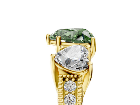 Yellow gold Three-Stone Fancy Green Heart Cut Cut Milgrain Pavé Engagement Ring_5