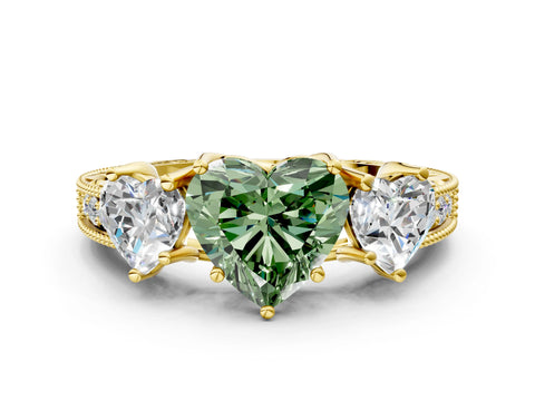 Yellow gold Three-Stone Fancy Green Heart Cut Cut Milgrain Pavé Engagement Ring