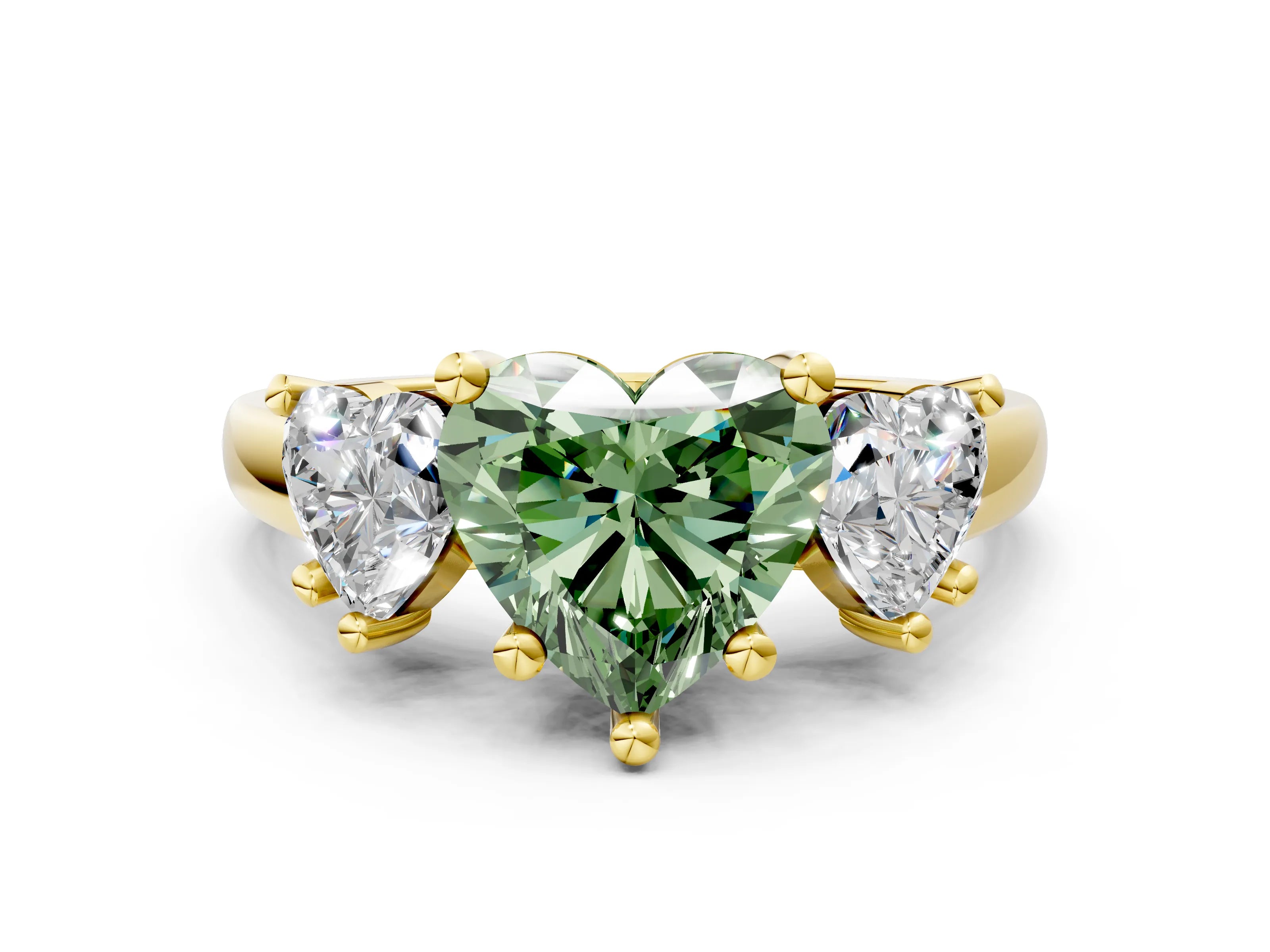 Yellow gold Three-Stone Fancy Green Heart Cut Cut Solitaire Ring with Classic Prong Setting