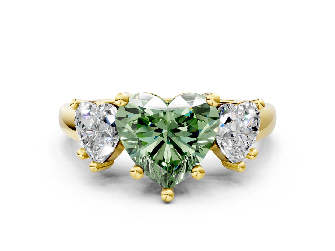 Yellow gold Three-Stone Fancy Green Heart Cut Cut Solitaire Ring with Classic Prong Setting