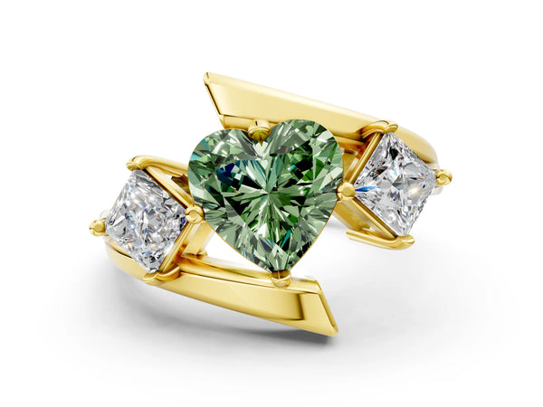 Yellow gold Three-Stone Fancy Green Heart Cut Cut Tension Band Ring with Four-Prong Setting