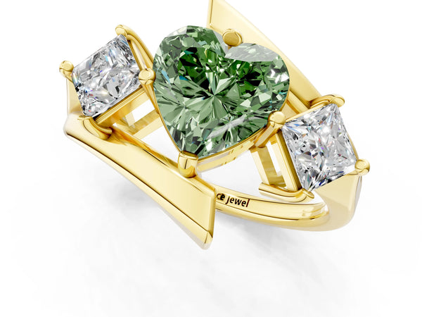 Yellow gold Three-Stone Fancy Green Heart Cut Cut Tension Band Ring with Four-Prong Setting