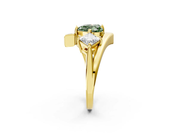 Yellow gold Three-Stone Fancy Green Heart Cut Cut Tension Band Ring with Four-Prong Setting