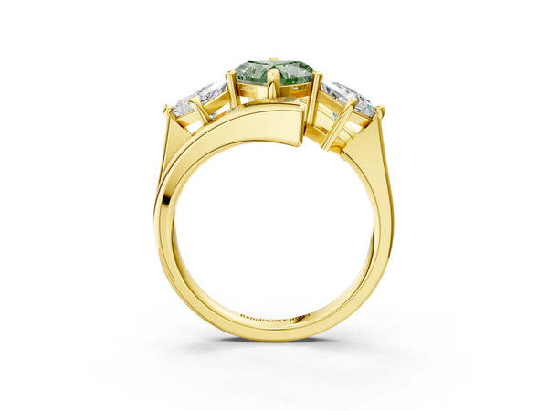 Yellow gold Three-Stone Fancy Green Heart Cut Cut Tension Band Ring with Four-Prong Setting