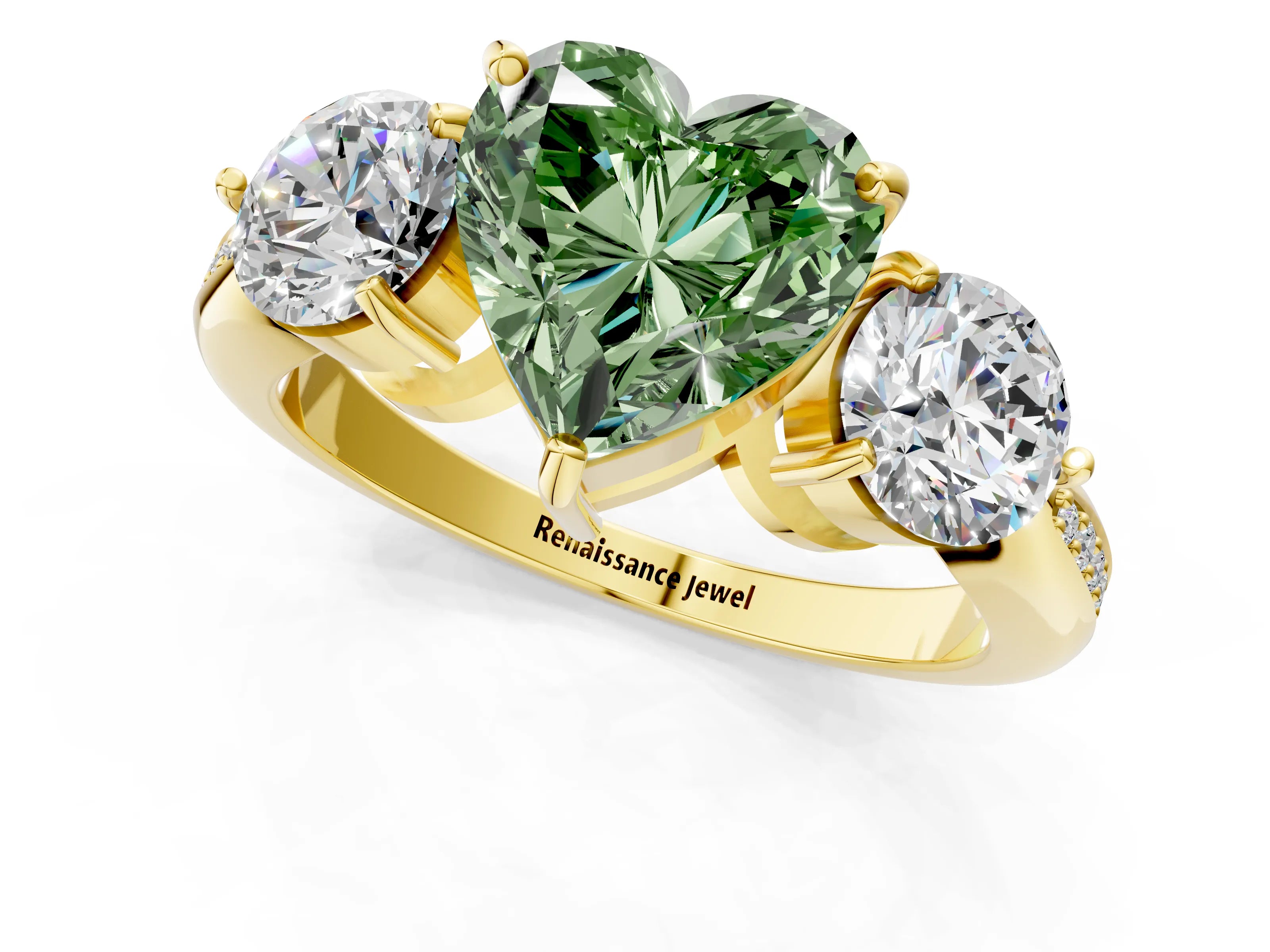 Yellow gold Three-Stone Fancy Green Heart Cut Diamond Channel Set Engagement Ring with Prong Setting_13