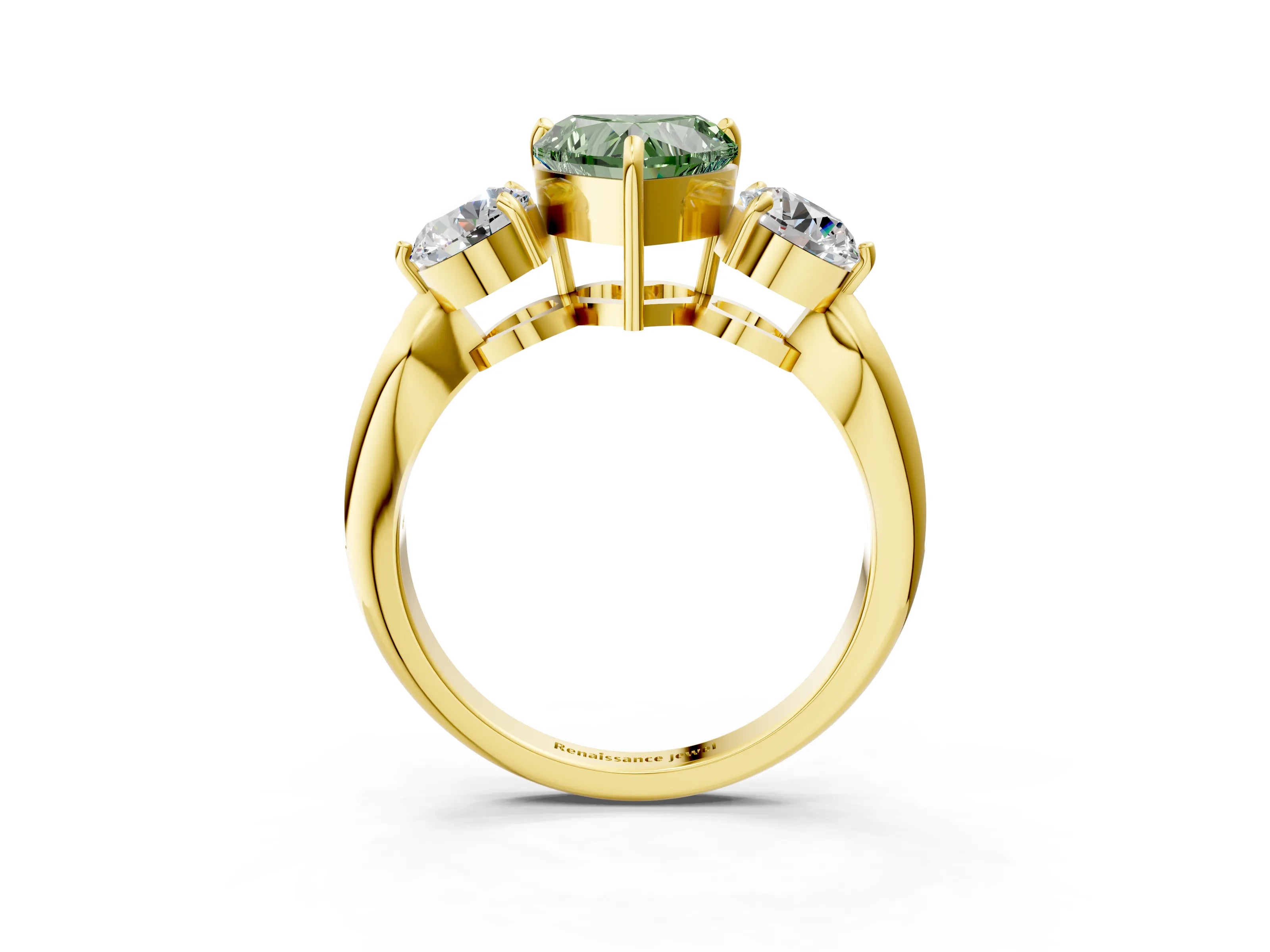 Yellow gold Three-Stone Fancy Green Heart Cut Diamond Channel Set Engagement Ring with Prong Setting_15