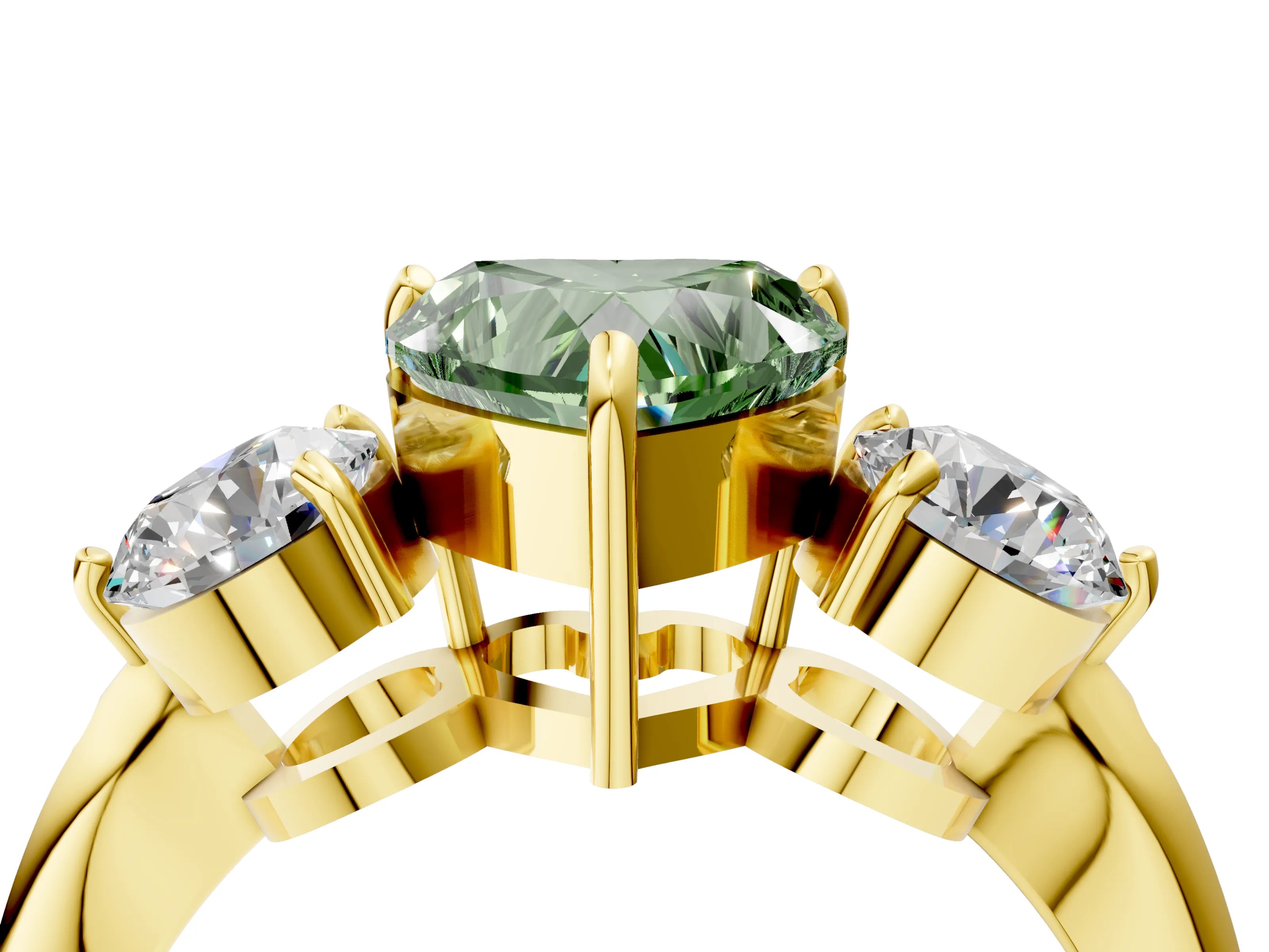 Yellow gold Three-Stone Fancy Green Heart Cut Diamond Channel Set Engagement Ring with Prong Setting_16