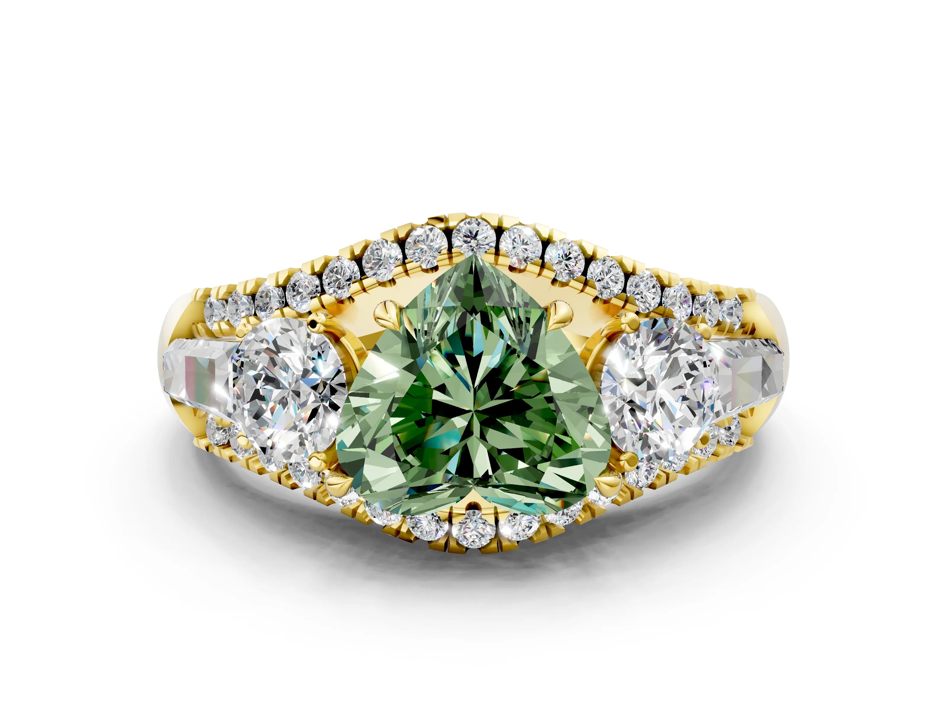 Yellow gold Three-Stone Fancy Green Heart Cut Diamond Engagement Ring with Pave Band and Prong Setting