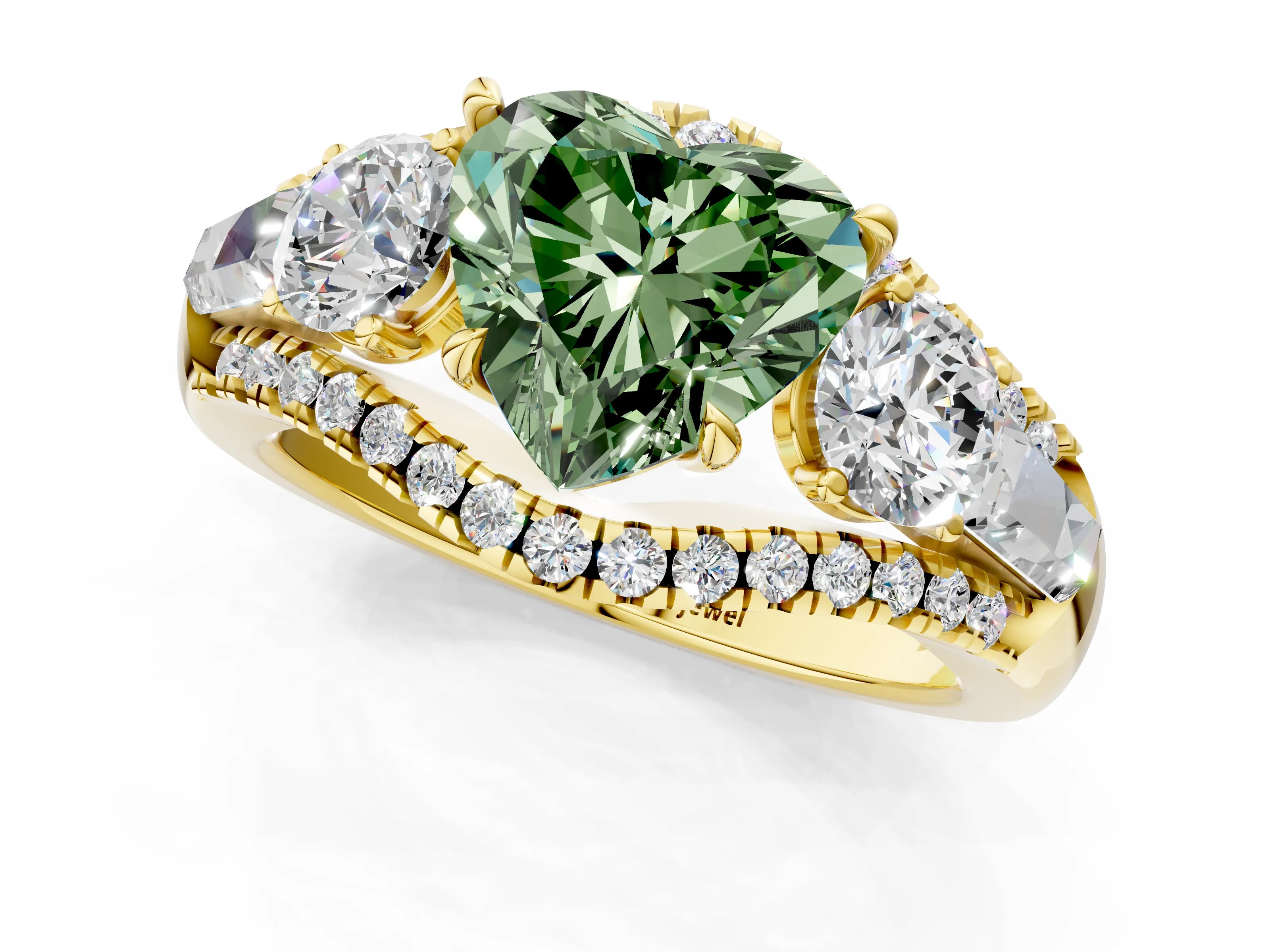 Yellow gold Three-Stone Fancy Green Heart Cut Diamond Engagement Ring with Pave Band and Prong Setting_1