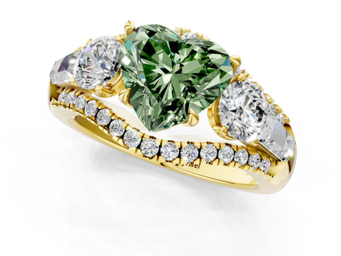 Yellow gold Three-Stone Fancy Green Heart Cut Diamond Engagement Ring with Pave Band and Prong Setting_1