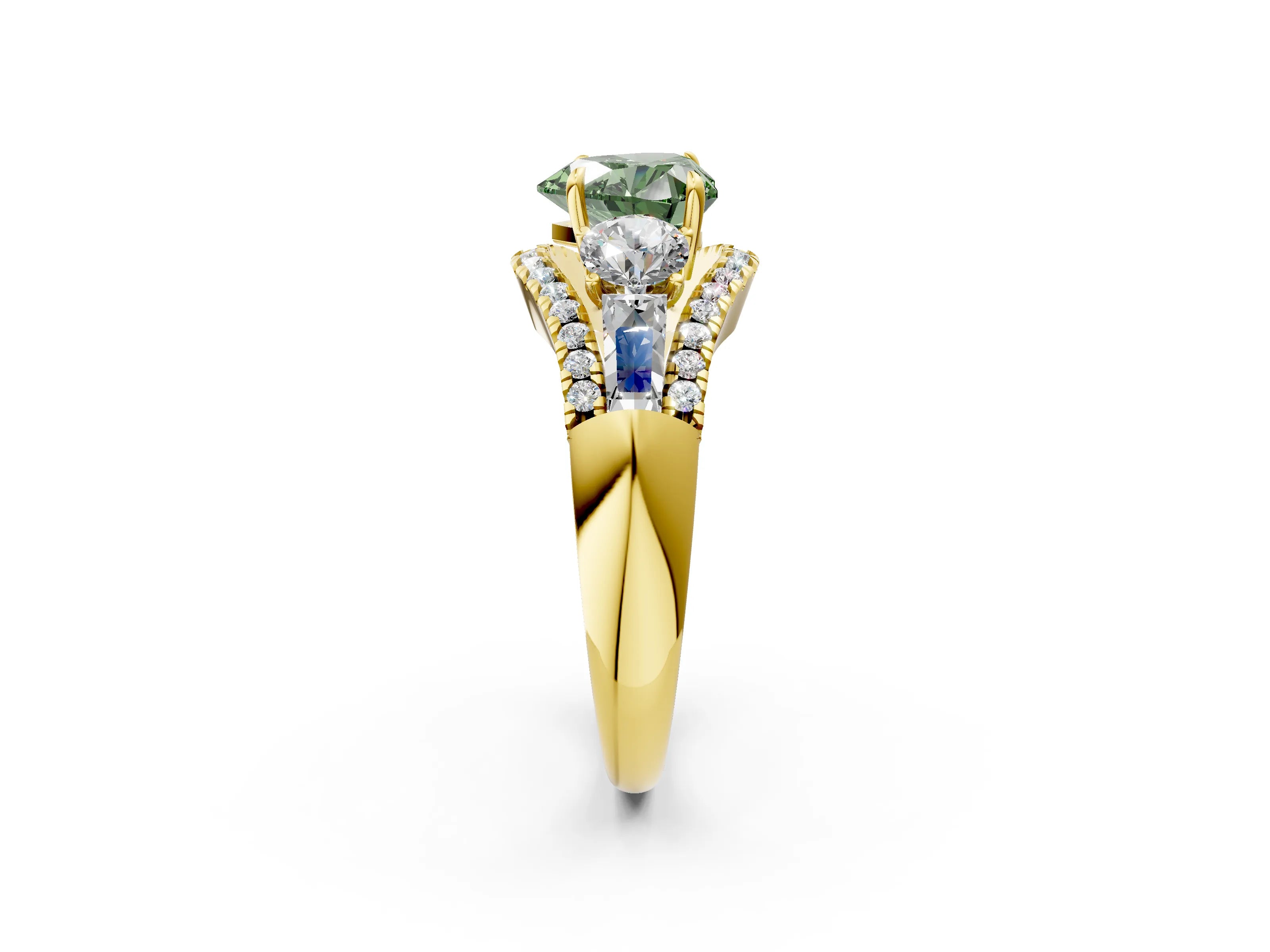 Yellow gold Three-Stone Fancy Green Heart Cut Diamond Engagement Ring with Pave Band and Prong Setting_2