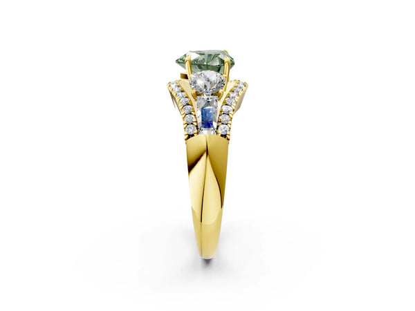 Yellow Gold Heart-Shaped Five Stone Baguette Engagement Ring Setting for Fancy Green Center