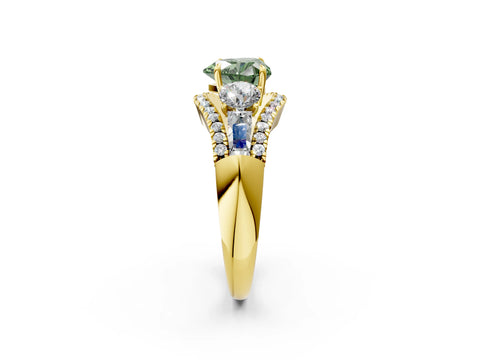 Yellow gold Three-Stone Fancy Green Heart Cut Diamond Engagement Ring with Pave Band and Prong Setting_2