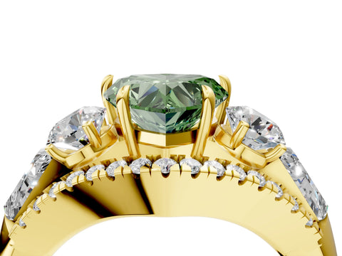 Yellow gold Three-Stone Fancy Green Heart Cut Diamond Engagement Ring with Pave Band and Prong Setting_4