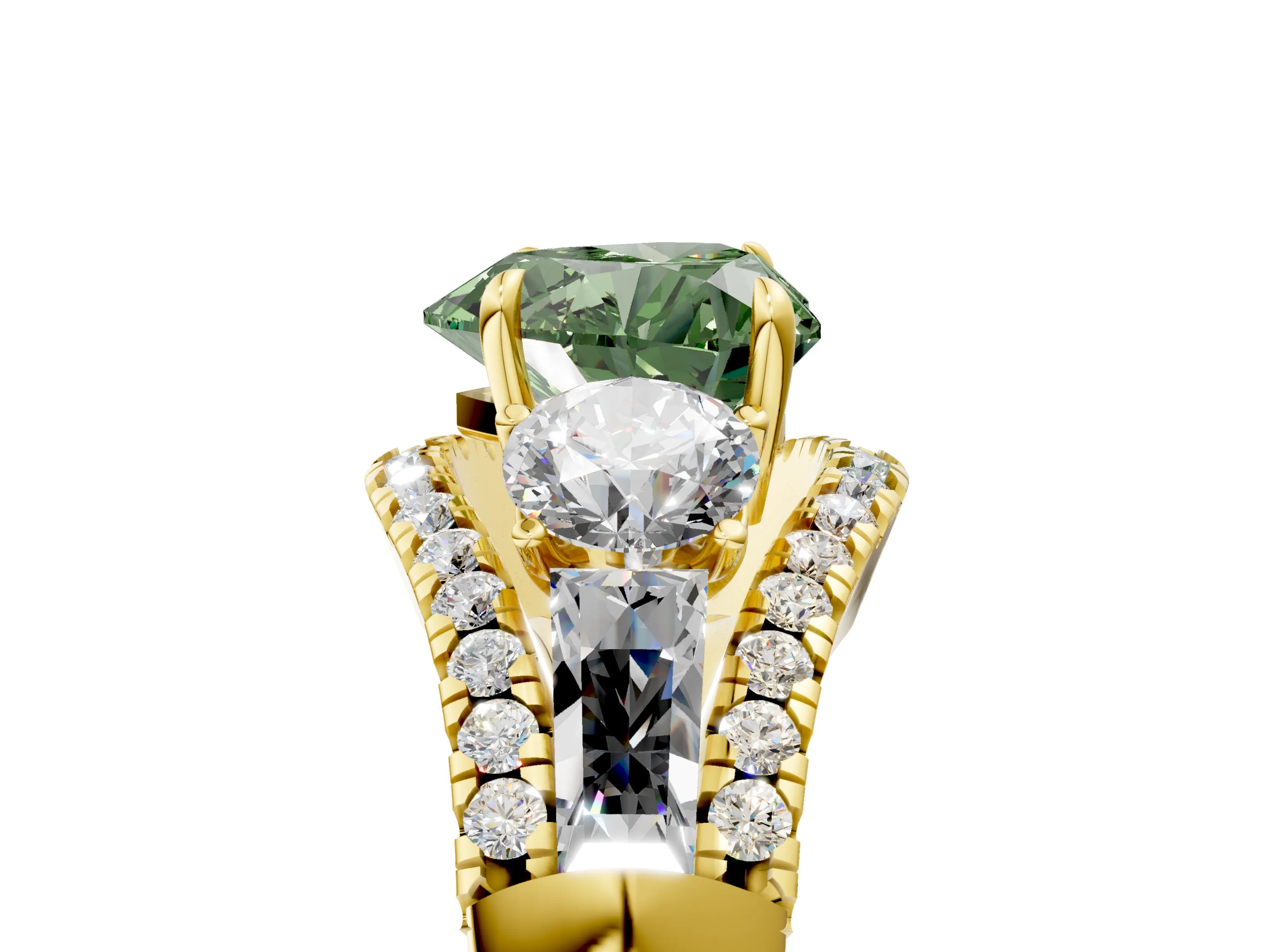 Yellow gold Three-Stone Fancy Green Heart Cut Diamond Engagement Ring with Pave Band and Prong Setting_5