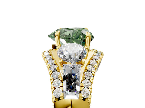 Yellow gold Three-Stone Fancy Green Heart Cut Diamond Engagement Ring with Pave Band and Prong Setting_5