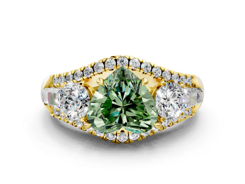 Yellow gold Three-Stone Fancy Green Heart Cut Diamond Engagement Ring with Pave Band and Prong Setting