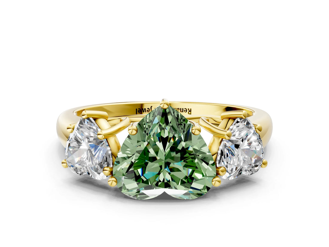 Yellow gold Three-Stone Fancy Green Heart Cut Diamond Engagement Ring with Prong Setting_3