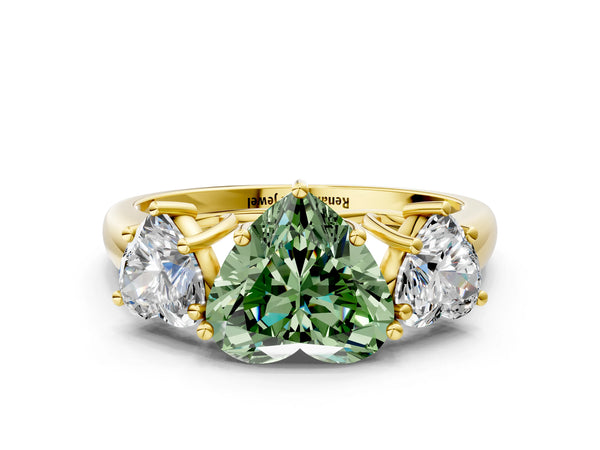 Yellow gold Three-Stone Fancy Green Heart Cut Diamond Engagement Ring with Prong Setting