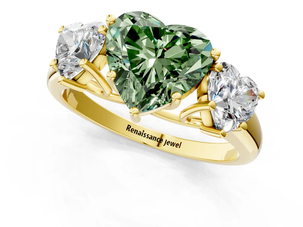 Yellow gold Three-Stone Fancy Green Heart Cut Diamond Engagement Ring with Prong Setting