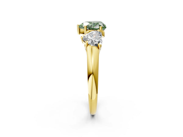 Yellow gold Three-Stone Fancy Green Heart Cut Diamond Engagement Ring with Prong Setting