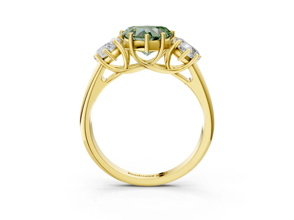 Yellow gold Three-Stone Fancy Green Heart Cut Diamond Engagement Ring with Prong Setting