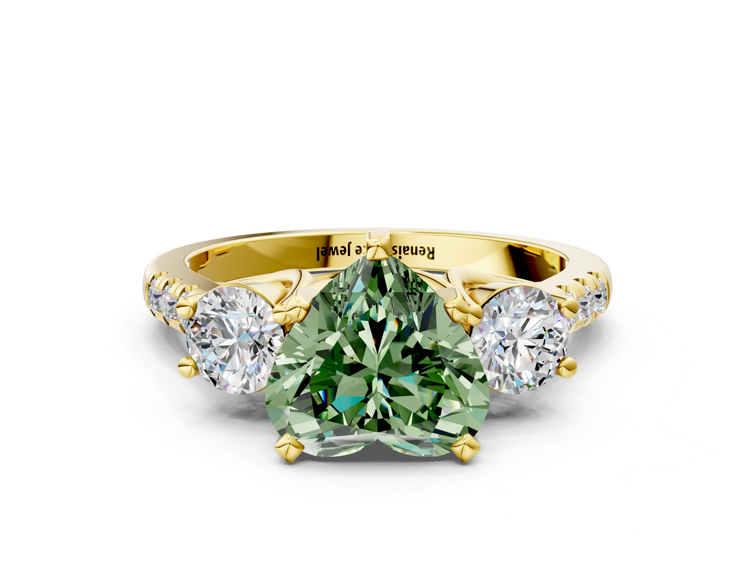 Yellow gold Three-Stone Fancy Green Heart  Cut Diamond Pavé Band with Four-Prong Setting