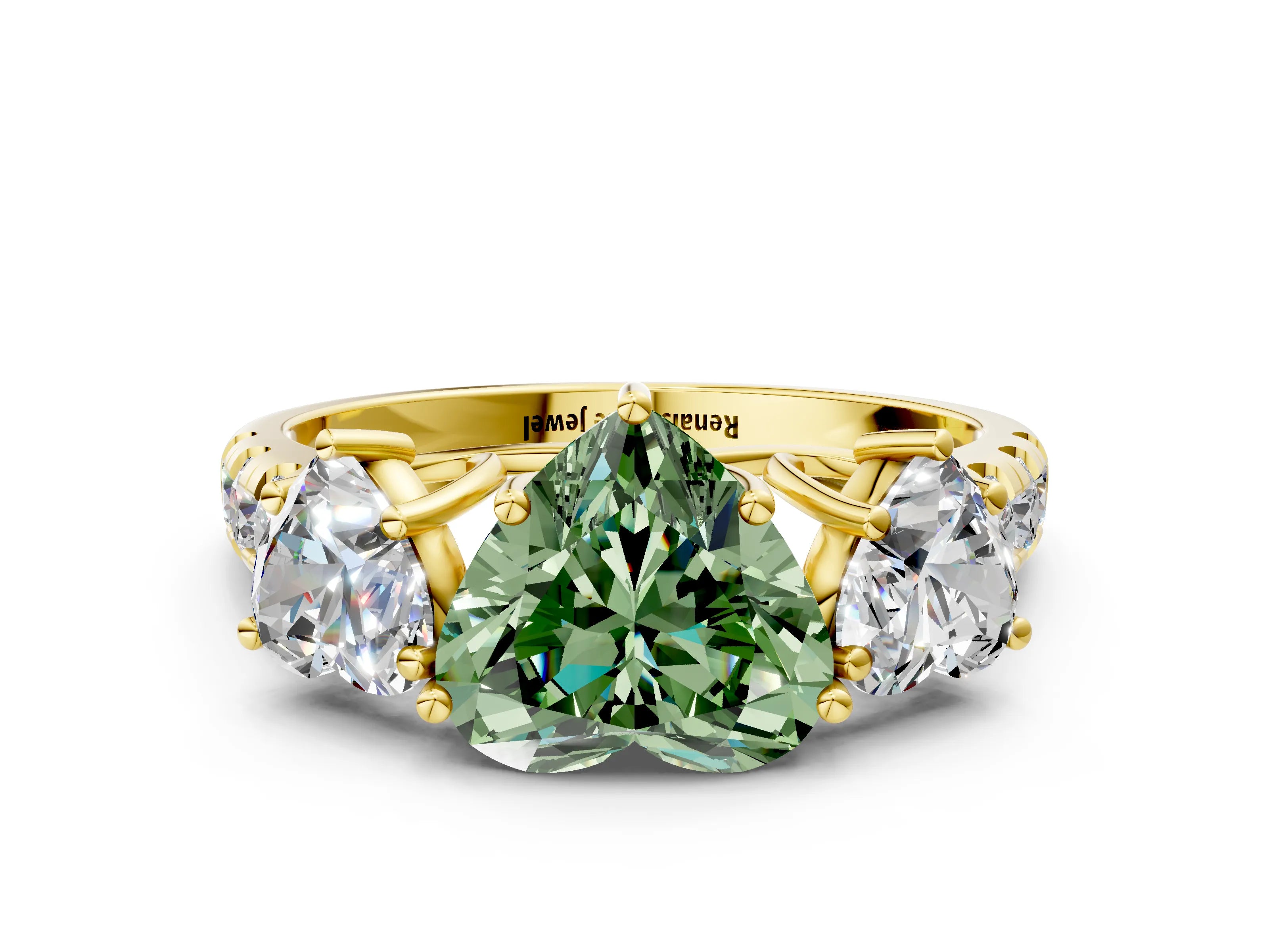 Yellow gold Three-Stone Fancy Green Heart Cut Diamond Pavé Band with Prong Setting