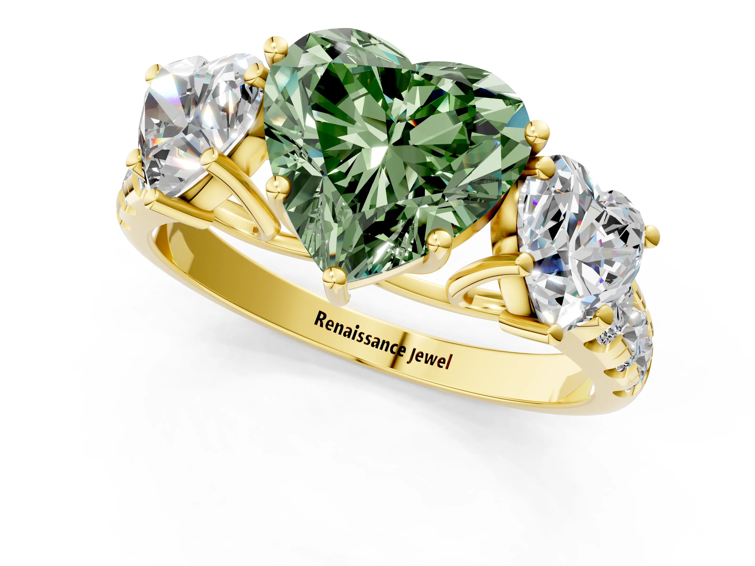 Yellow gold Three-Stone Fancy Green Heart Cut Diamond Pavé Band with Prong Setting_1