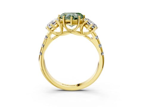 Yellow gold Three-Stone Fancy Green Heart Cut Diamond Pavé Band with Prong Setting_3