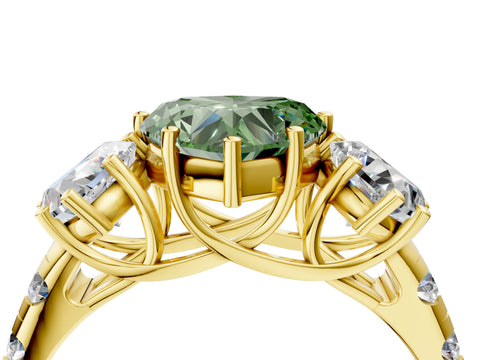 Yellow gold Three-Stone Fancy Green Heart Cut Diamond Pavé Band with Prong Setting_4