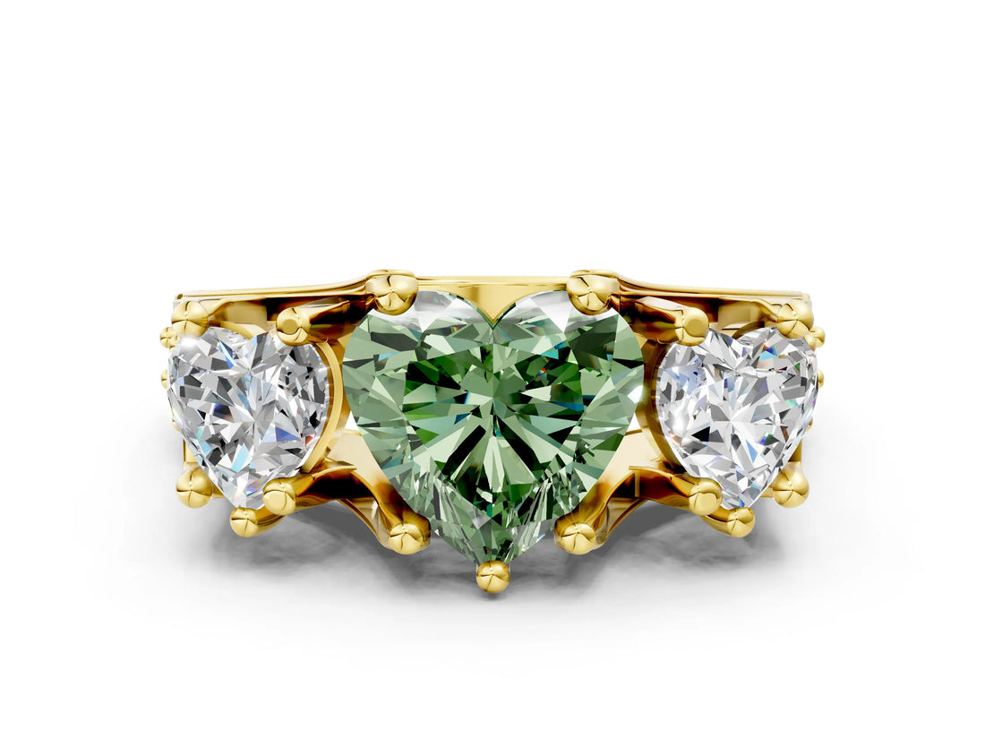 Yellow gold Three-Stone Fancy Green Heart  Cut Diamond Ring with Channel-Set Band and Four-Prong Setting_39